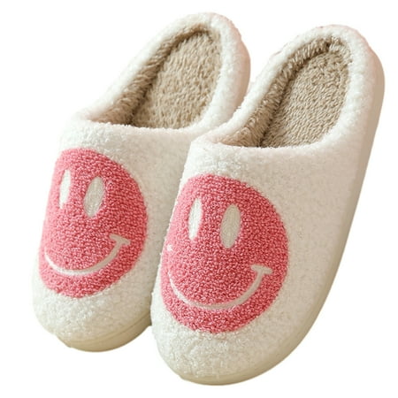 PacificPlex Womens Slide Smile Slippers Plush Happy Face (8-8.5 Pink)