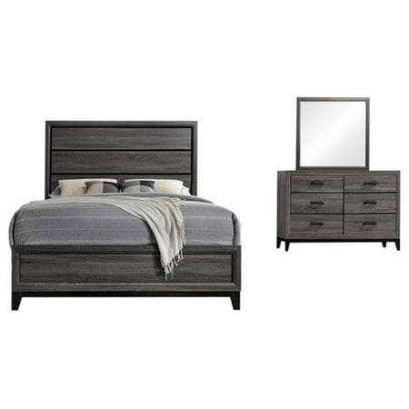 Coventry 3 Piece Bedroom Set, Queen, Gray Wood, Modern (Panel Bed, Dresser & Mirror)
