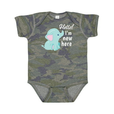 Inktastic Hello I m New Here with Cute Baby Elephant Gift Baby Boy or Baby Girl Bodysuit