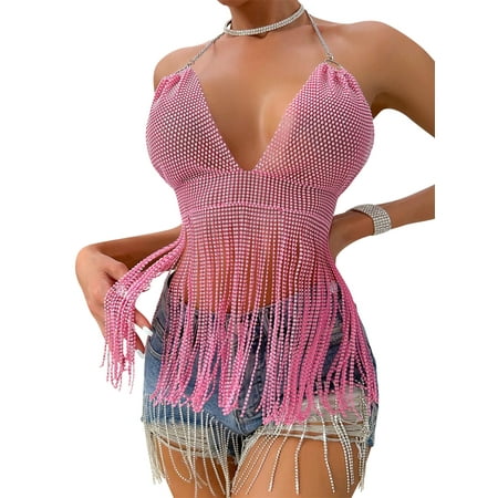 STARVNC Women Sparkly Rhinestone Fringed Backless Corset Cropped Top