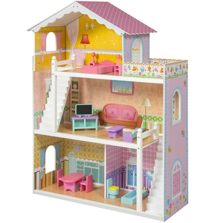 Large Children's Wooden Dollhouse Fits Barbie Doll House Pink With Furniture
