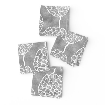 Cocktail Napkins Grey And White Floral Charcoal Flowers Springtime Set of 4