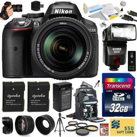 Nikon D5300 24.2 MP CMOS Digital SLR Camera with 18-140mm f\/3.5-5.6G ED VR AF-S DX NIKKOR Zoom Lens (Black) (13303) with 32GB SD Memory Card, Bower Flash, Tripod, Travel Backpack, HDMI Cable and More Nikon D5300 24.2 MP CMOS Digital SLR Camera with 18-140mm f\/3.5-5.6G ED VR AF-S DX NIKKOR Zoom Lens (Black) (13303) with 32GB SD Memory Card, Bower Flash, Tripod, Travel Backpack, HDMI Cable and More