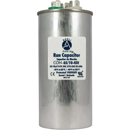 Appli Parts Dual Run Capacitor For Ac 65 10 Mfd Uf (Microfarads) 370VAC Or 450VAC CBB65 Round Universal Fit For Hvac And Other Applications 5-1/4 In High 2-1/4 In Wide CON-65/10-450
Appli Parts Dual Run Capacitor For Ac 65 10 Mfd Uf (Microfarads) 370VAC Or 450VAC CBB65 Round Universal Fit For Hvac And Other Applications 5-1/4 In High 2-1/4 In Wide CON-65/10-450