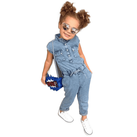 Ma&Baby Toddler Girls Denim Jumpsuit Sleeveless Folded Collar Button-Down Outfit One-Piece Romper