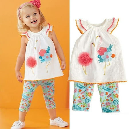 2pcs Toddler Baby Girls Flower Flamingo Tops Vest+Pants Leggings Outfits Clothes