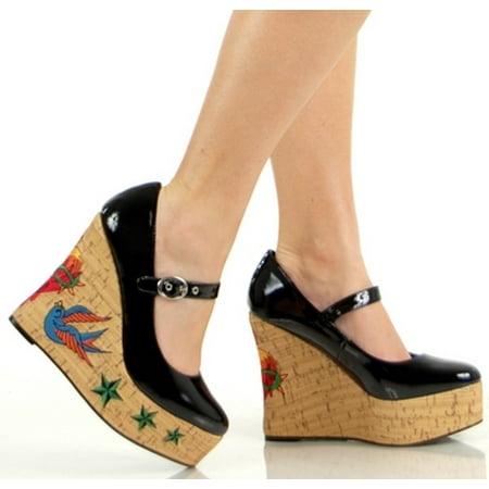 Rockabilly Tattoo Patent Mary Jane Wedge Shoes