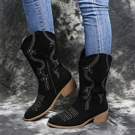

Tejiojio Fall Clearance Retro Women Zipper Square Heel Solid Color Middle Tube Boots Round Toe Shoes