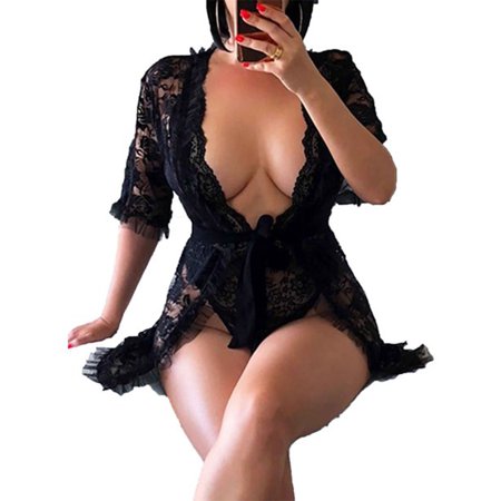 Gift Sexy Lace Hollowed Out Babydoll Nightwear Half Sleeve Women Lingerie Set