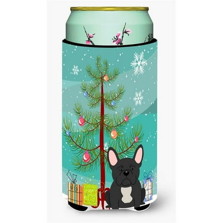 Merry Christmas Tree French Bulldog Black Tall Boy Beverage Insulator Hugger