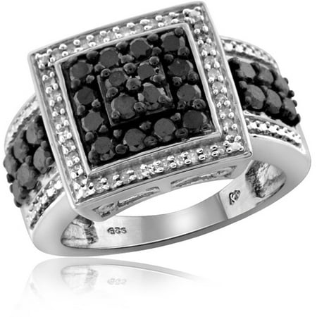 1.00 CTW Round cut Black & White Diamond Square Shape Sterling Silver Ring