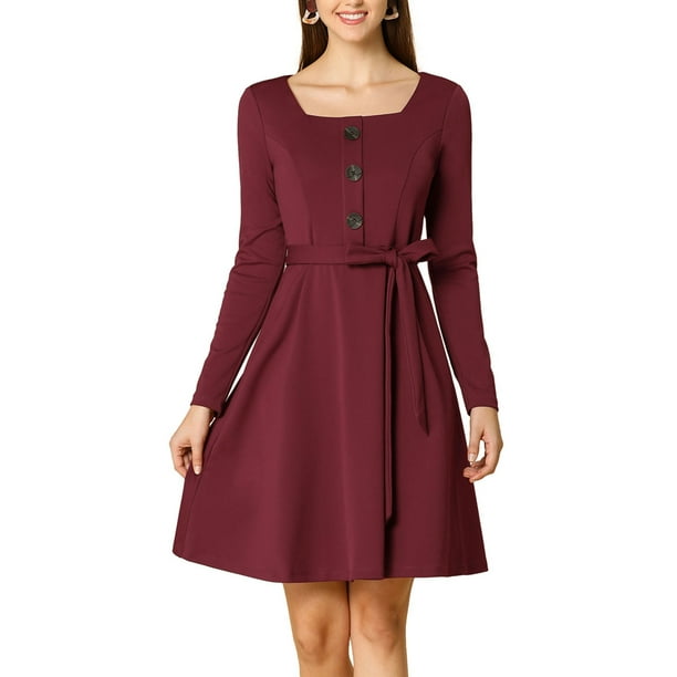 Allegra K Women's Square Neck Long Sleeve Belted Flare Dress