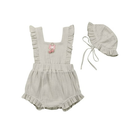 VIKING GLORY Baby Girl Sleeveless Outfit Ruffle Jumpsuit Hat Romper 2Pcs Sunsuit