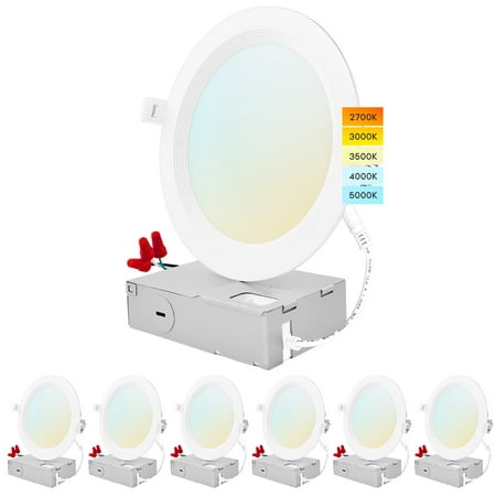 

Luxrite 6 inch Ultra Thin LED Recessed Light J-Box 14W 5 Color Options Dimmable 1150 Lumens IC Rated Baffle 6 Pack