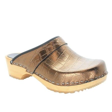BJORK Maja Open Back Wood Leather Clogs (Copper Croco - EU37)