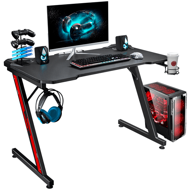 Walnew 46.25 inch Z Shaped Computer Gaming Desk Carbon Fiber Surface Cup Holder & Headphone Hook (Black)