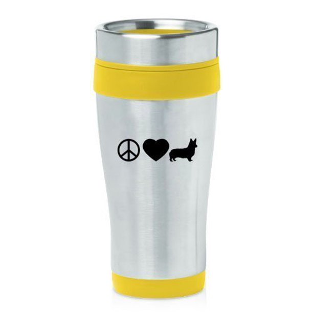 Yellow 16oz Insulated Stainless Steel Travel Mug Z2361 Peace Love Corgi,MIP