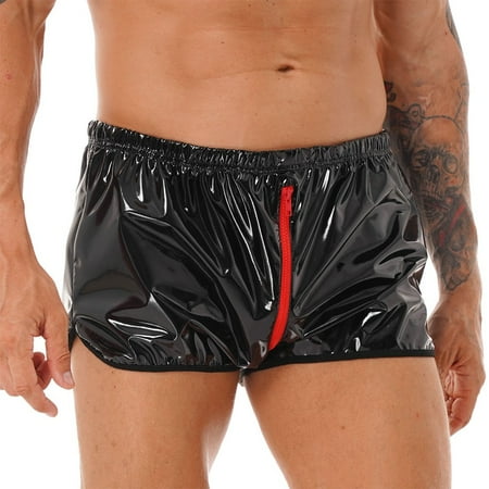 Mens Wet Look Faux Leather Zip Shorts Underwear Boxer Briefs Trunks Short Pants