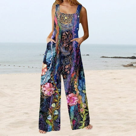

Wide Leg Jumpsuits for Woman Baggy Sweatpants Floral Rompers Overalls Casual Cold Shoulder Jumpsuit Printing Button Suspender Jumpsuits Wyongtao