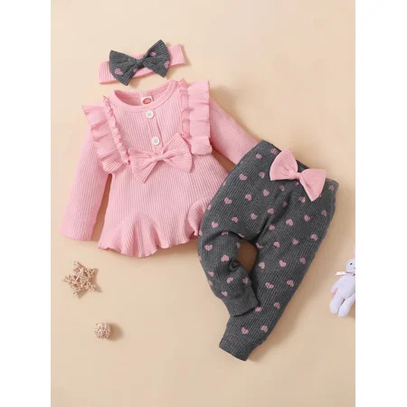 GEDER-F 3pcs Baby Girl Sweet Ruffle Sweater Leggings & Bow Headband Set