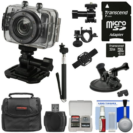 Vivitar DVR785HD Waterproof Action Video Camera Camcorder (Black) with Helmet\/Bike\/Car Mounts + 32GB Card + Case + Selfie Stick Kit