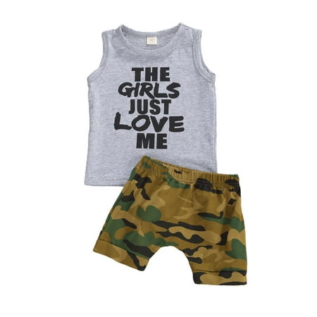 Musuos 2Pcs Baby Boy Short Set Letter Pattern Sleeveless Vest Camouflage Shorts