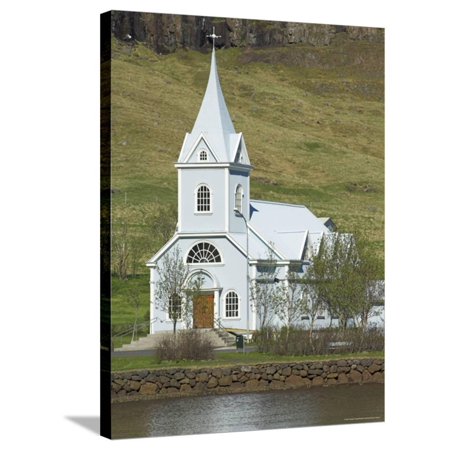 Blue Lutheran Church, Seydisfjordur Ferry Terminal Village, North East Area, Iceland, Polar Regions Stretched Canvas Print Wall Art By Neale Clarke