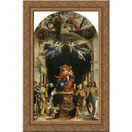 Altar polyptych of San Bartolomeo, Bergamo, main panel Enthroned Madonna with Angels and Saints - Alexander of Bergamo, Barbara, Roch, Dominic 24x16 Gold Ornate Wood Framed Canvas Art by Lorenzo Lotto