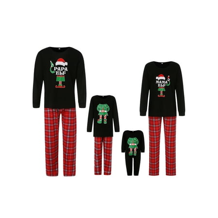Thaisu Family Christmas Pajamas Matching Sets Elf Printed Long-Sleeve Tops with Plaid Pants Set