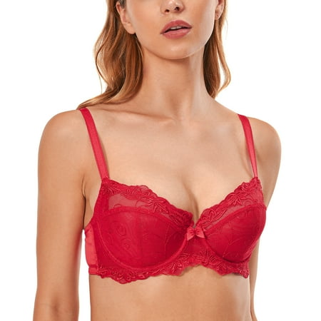 Deyllo Women s Sheer Lace Non Padded Full Cup Underwire Plus Size Bra Red 36DD 
Deyllo Women s Sheer Lace Non Padded Full Cup Underwire Plus Size Bra Red 36DD