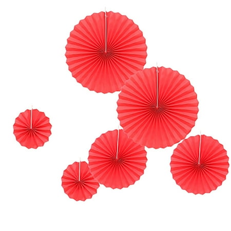 HEVIRGO 6 Pcs Paper Fans Lightweight Round Flower Shape Paper Non-fading Flower Fans for Home Red Paper