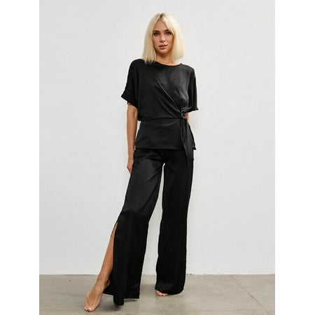 DanceeMangoo Black Irregular Sleepwear Satin Slit Wide Leg Pants Sets Lace Up Home Suit For Women Short Sleeve New In Matching Sets
DanceeMangoo Black Irregular Sleepwear Satin Slit Wide Leg Pants Sets Lace Up Home Suit For Women Short Sleeve New In Matching Sets