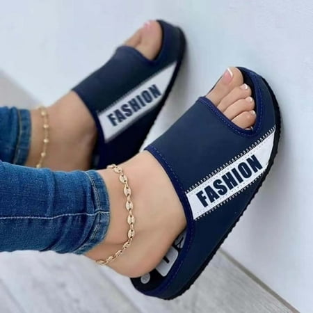 

absuyy Women s Slide Sandals- Open Toe Casual Beach New Style Plus Summer Flat Slide Sandals #439 Navy-7