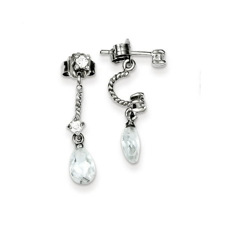 Sterling Silver CZ Rhodium Plated Dangle Post Pear Earrings (0.9IN x 0.4IN )