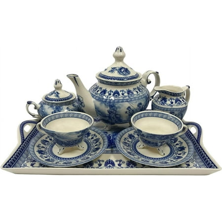 Bay 16 Blue Transferware Porcelain Tea Set With Tray - Antique Reproduction