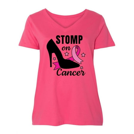 Inktastic Breast Cancer Stomp on Cancer High Heel Shoe and Pink Ribbon Women s Plus Size V-Neck