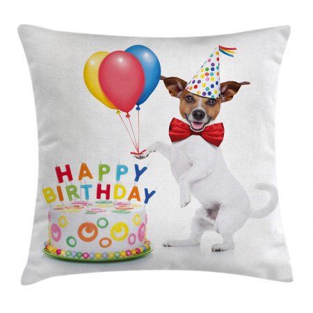 Birthday Decorations for Kids Throw Pillow Cushion Cover, Dancing Party Dog with Cake and Colorful Balloons Art Print, Decorative Square Accent Pillow Case, 20 X 20 Inches, Multicolor, by Ambesonne