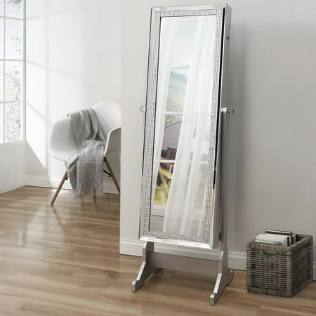 Julianna Silver Full Length Jewelry Cheval Armoire - Makeup Storage | Organizer | Crystal Border | Lockable with LED Lights | by Inspired Home