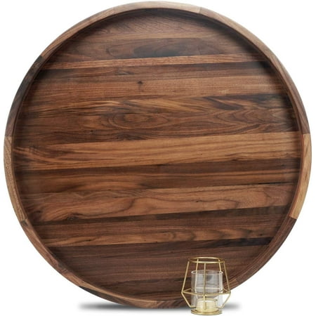 

24 Inches Extra Large Round Black Walnut Wood Ottoman Tray with Handles Serve Tea Coffee or Breakfast in Bed Circular Wooden Decorative Serving Tray