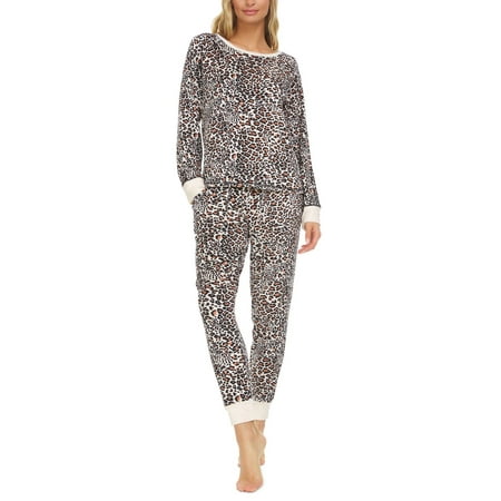Flora by Flora Nikrooz Womens Printed Velour Pajama Set Cream Large