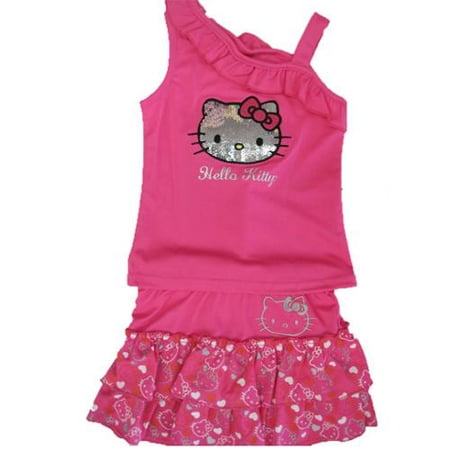 Hello Kitty Little Girls Fuchsia Ruffle Shoulder Sequined 2 Pc Skirt Set 4-6X
