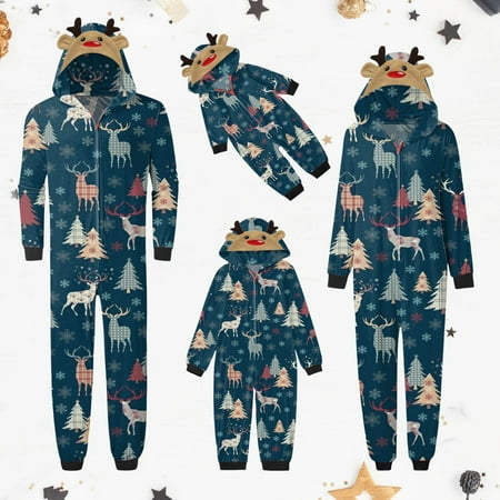 

YYDGH Family Matching Christmas Onesies Cute Vacation Tree Elk Reindeer Print One Piece Pajamas Hooded Holiday Sleepwear Nightwear