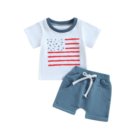

jaweiwi Independence Day Toddler Outfits for Boys 2023 Summer Stars Stripes Short Sleeve T-shirt and Casual Elastic Shorts 4th of July Clothes Set