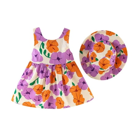 

Qufokar Baby Girl Boho Baby Dresses Floral Bowknot Hat 6M-3Y Printed Suspenders Set Girls Sleeveless Dress Baby Princess Girls Dresses