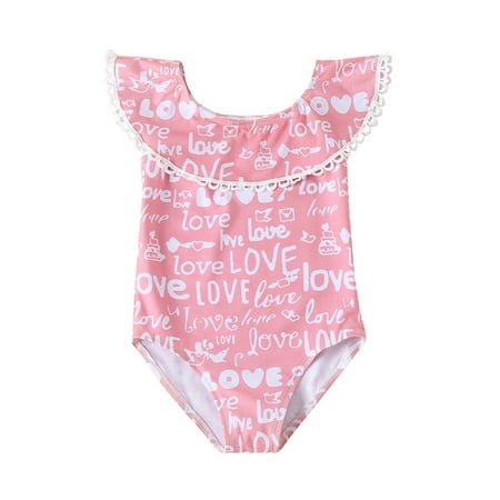 

B91xZ Swimsuit Girls Toddler Summer Sleeveless Girls Valentine s Day Love Letter Print Pink Ruffles Swimwear Swimsuit Bikini Pink Sizes 4-5 Years