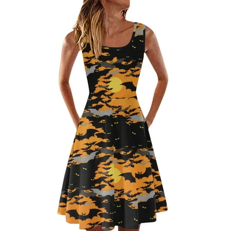 Dresses for Women Black Dress Women Summer Dresses Beach Halloween Print Sleeveless Crewneck Casual Loose Tank Dress on Clearance Dress Pants Women Skims Dupes Dress Yellow S