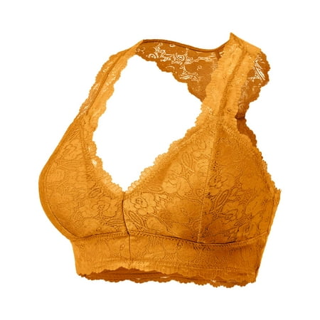 

URBAN DAIZY Women s Seamless Lace Bra Racerback Padded Sexy Floral Mesh Bralette Crop Top Removable Pads Breathable Bustier A11_6324 Ash Mustard 2XL