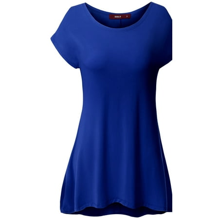 Doublju Women Basic Short Sleeve Round Neck Loose Fit Longline Tunic Top