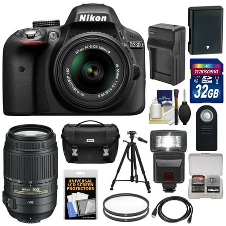 Nikon D3300 Digital SLR Camera & 18-55mm G VR DX II AF-S Zoom Lens (Black) with 55-300mm VR Lens + 32GB Card + Battery & Charger + Case + Flash + Tripod Kit Nikon D3300 Digital SLR Camera & 18-55mm G VR DX II AF-S Zoom Lens (Black) with 55-300mm VR Lens + 32GB Card + Battery & Charger + Case + Flash + Tripod Kit