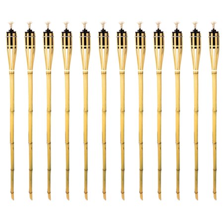 Bamboo Tiki Torches - 12 Pack - Metal Oil Canister - Reinforced With Metal Ring - 4 ft High, 6oz. Capacity - Sharp Speared Bottom By Kaya Collection